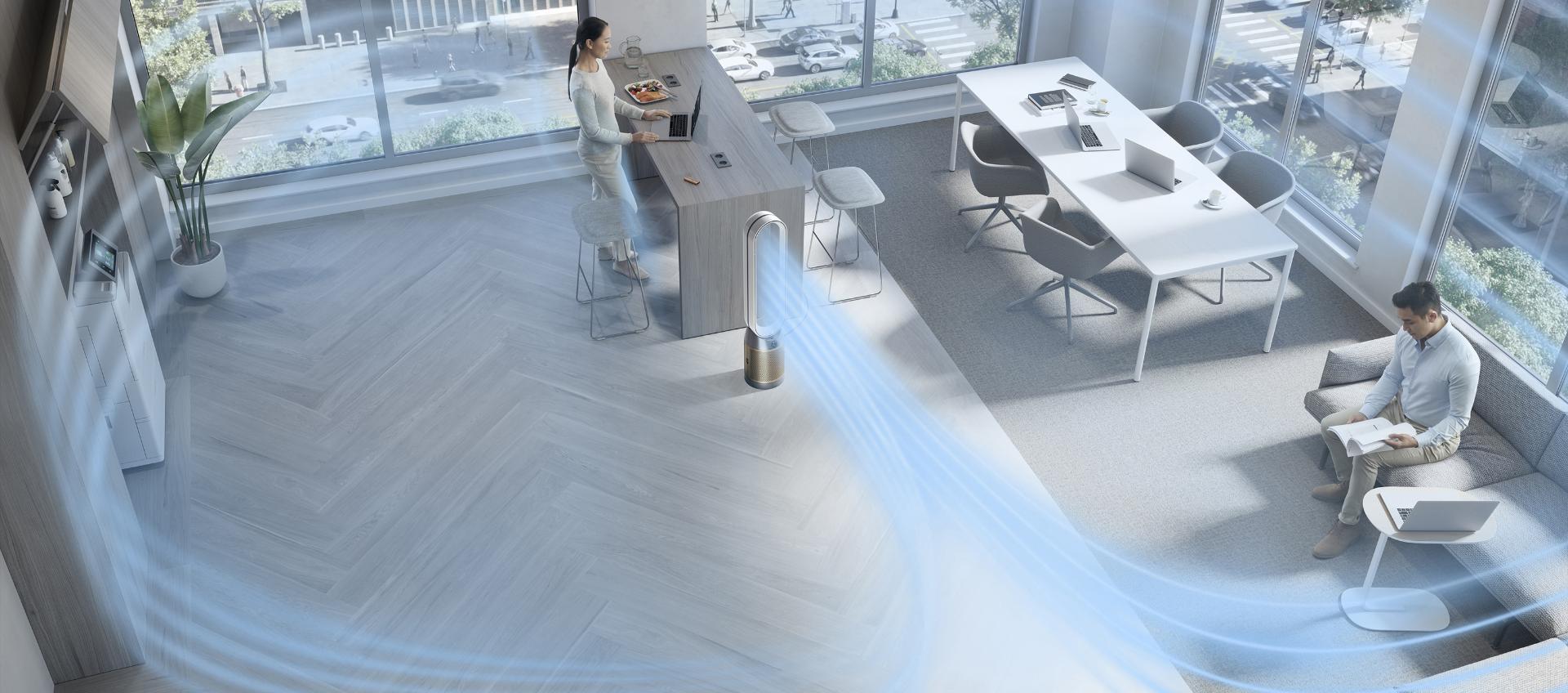 Dyson HEPA Cool Formaldehyde tower fan projecting purified air around an open-plan office