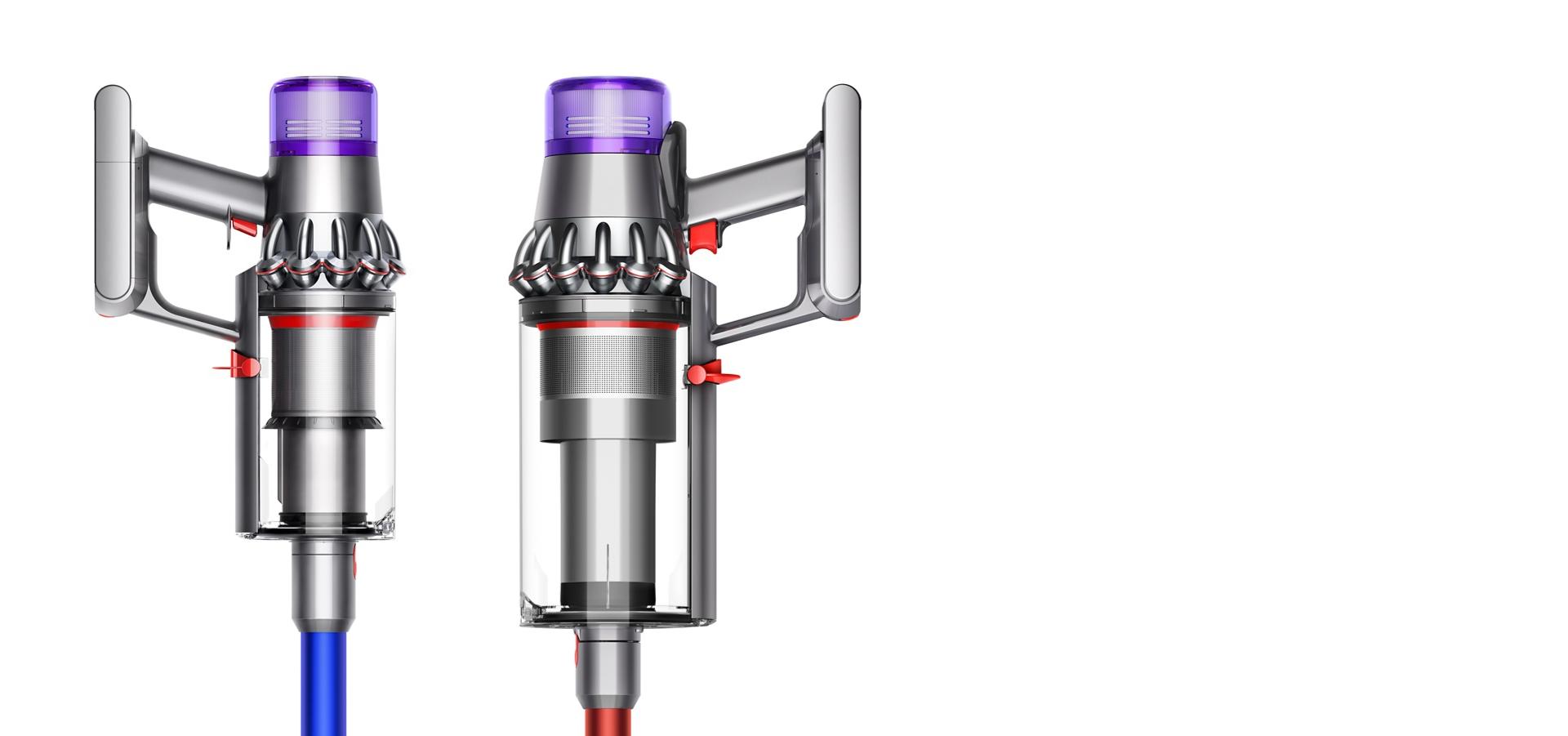 Image of Dyson V11 Absolute Extra next to Dyson V11 Outsize showing differences in bin size