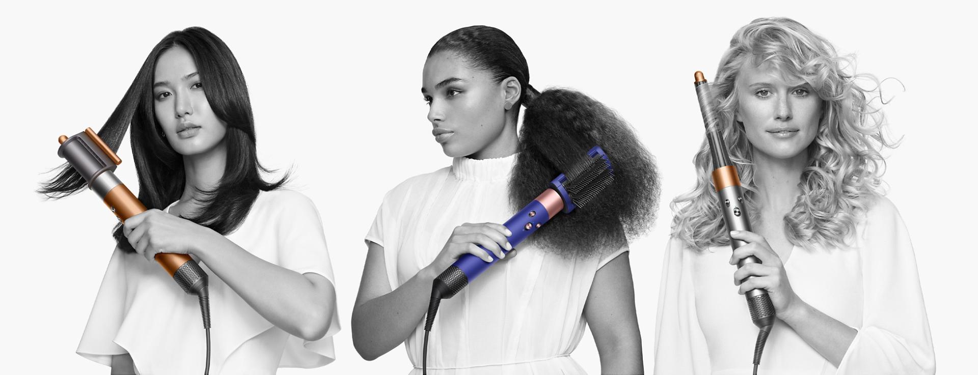 Models holding a Dyson Airwrap multi-styler with various attachments.