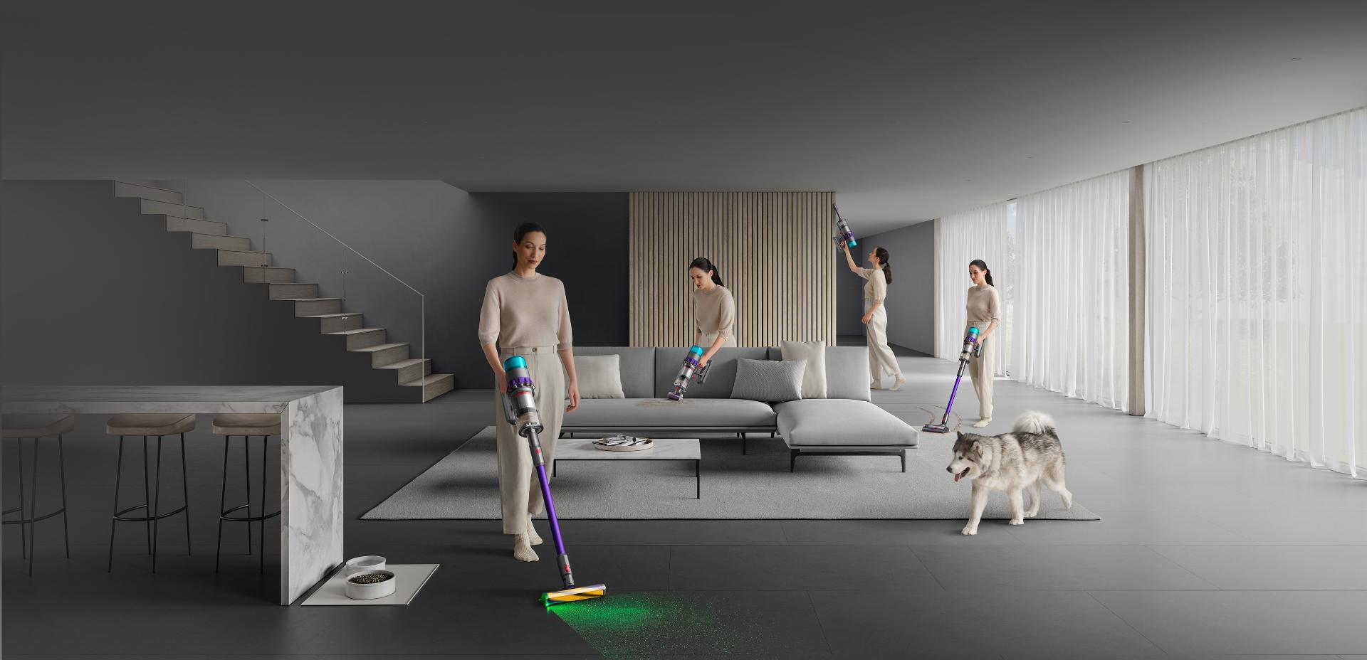 Woman shown in four positions in a living room, using the Dyson Gen5detect™ as both a cordless stick and a handheld vacuum.