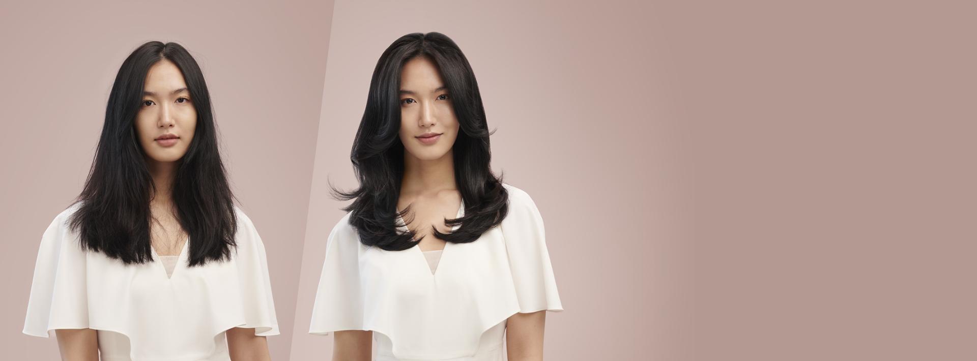 Model with type 1 hair demonstrating her hair before and after being styled with the Dyson Airwrap multi-styler.