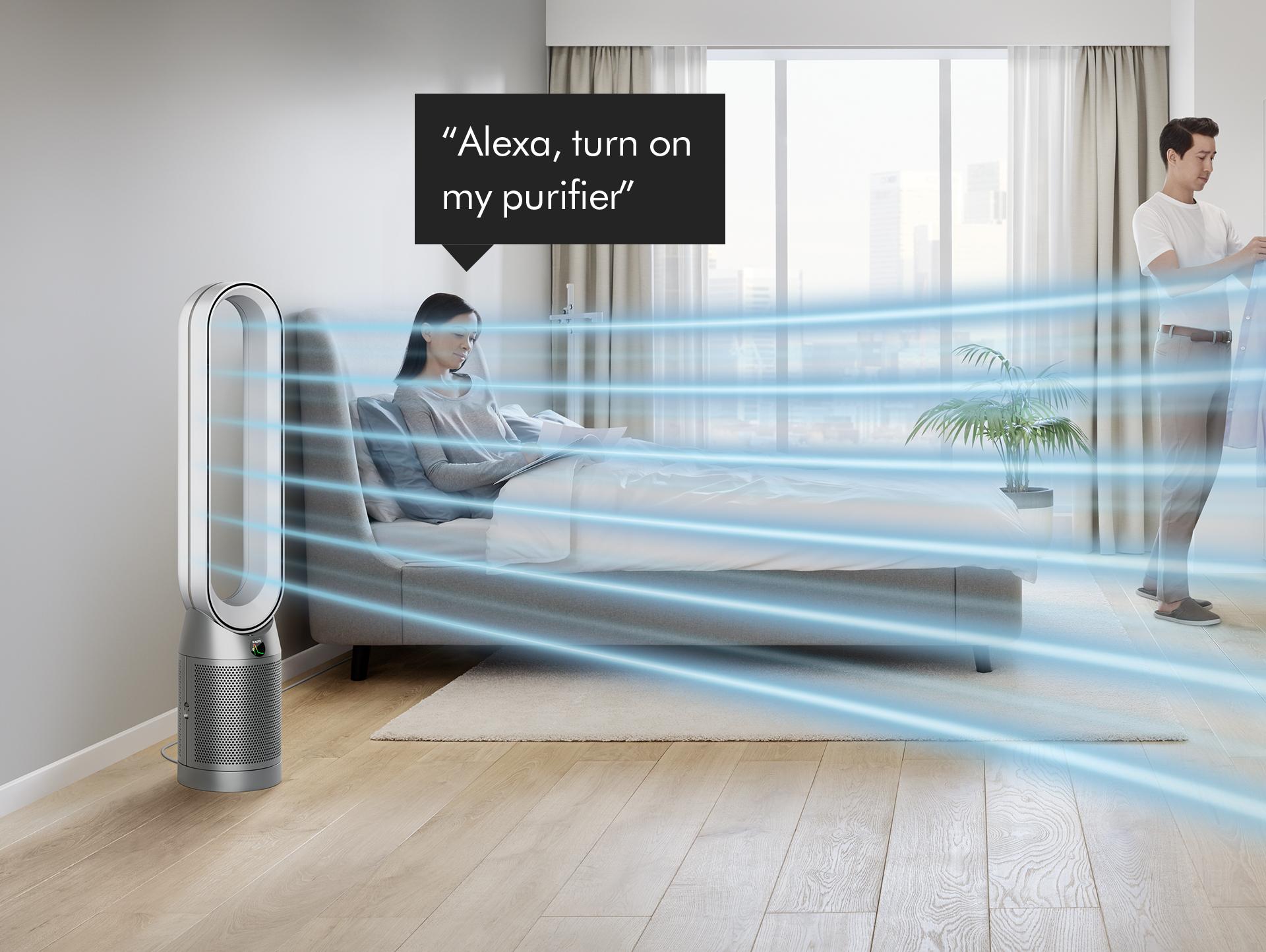 Woman asking Alexa to control her Dyson purifier