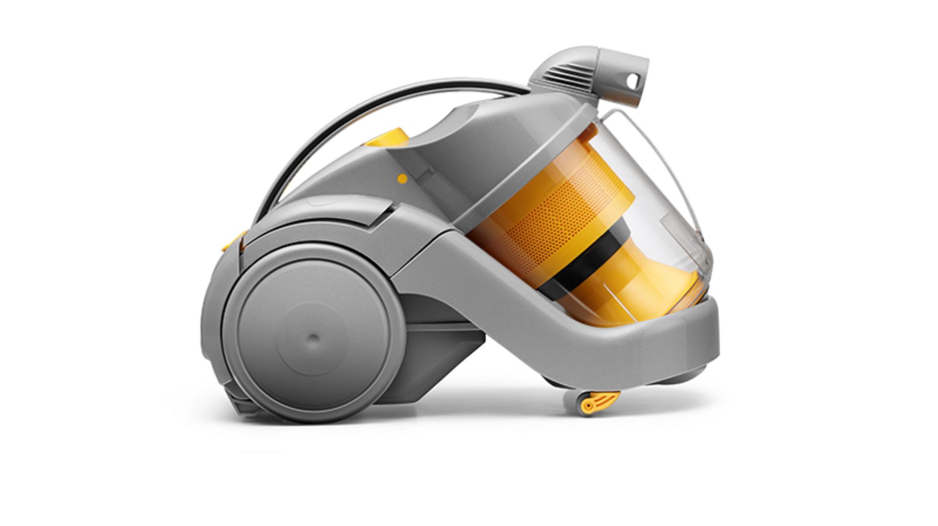 Side view of DC02 cylinder vacuum, yellow and grey