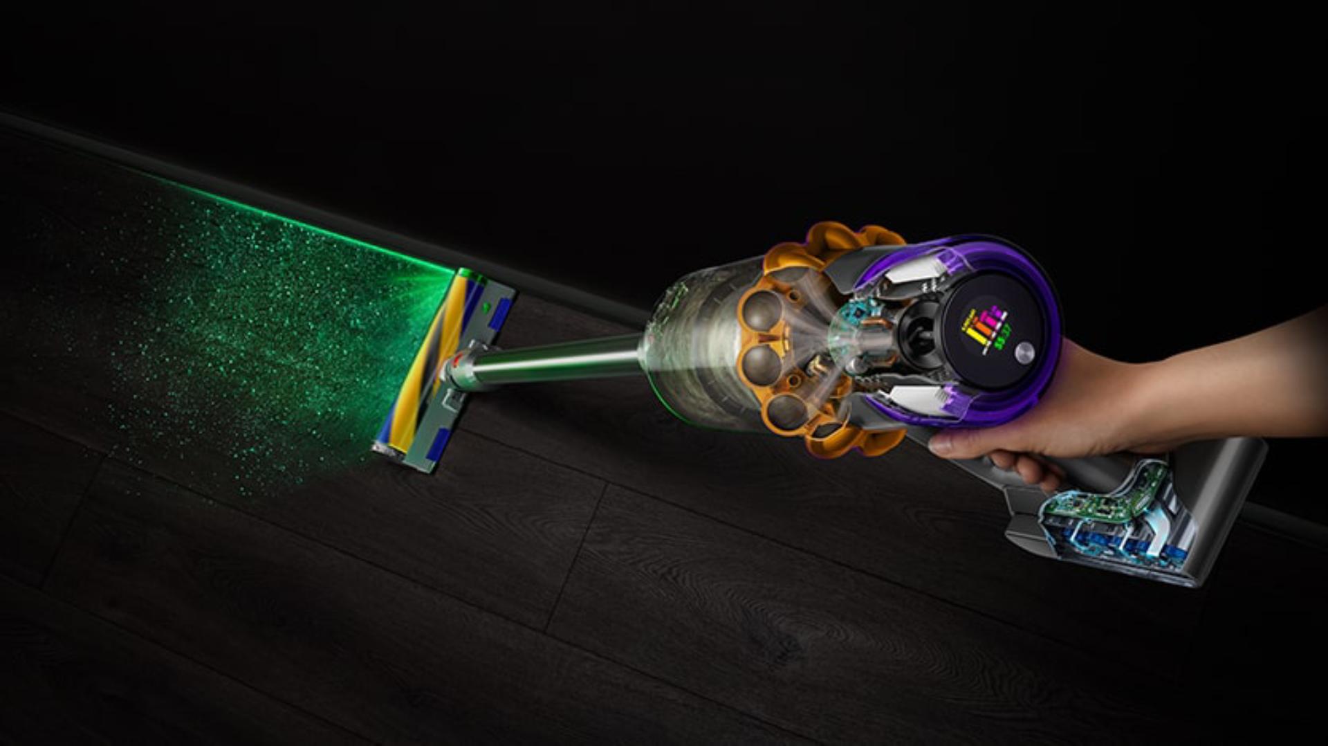 Aerial view of Dyson V15 vacuum showing the LCD screen