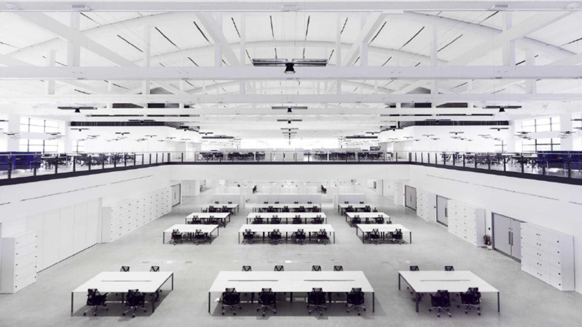 Long interior view of the Dyson office space, Hangar 86