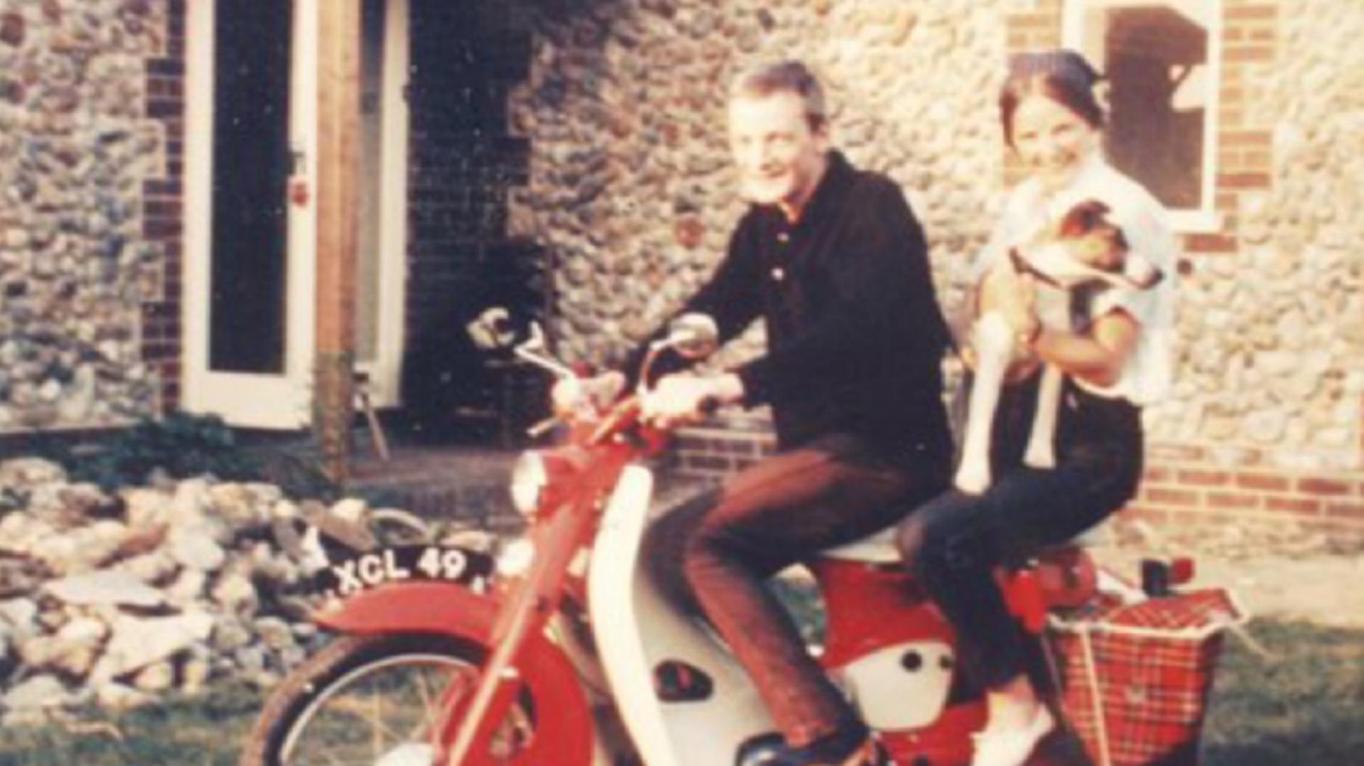 James Dyson and sister Shanie Dyson, sitting on a Honda 50
