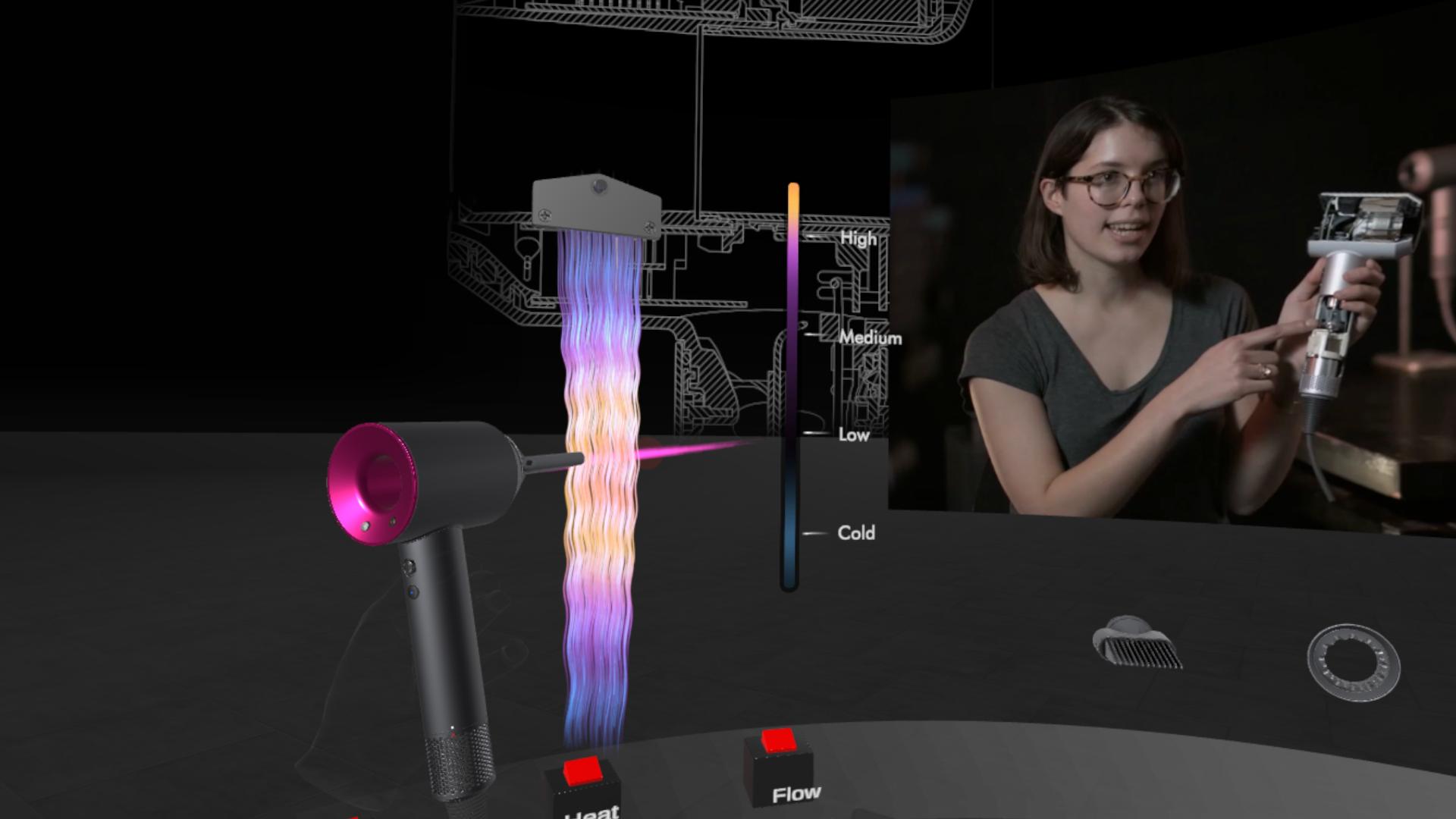 Dyson Supersonic hair dryer in virtual reality, drying virtual hair, while an engineer explains the technology.