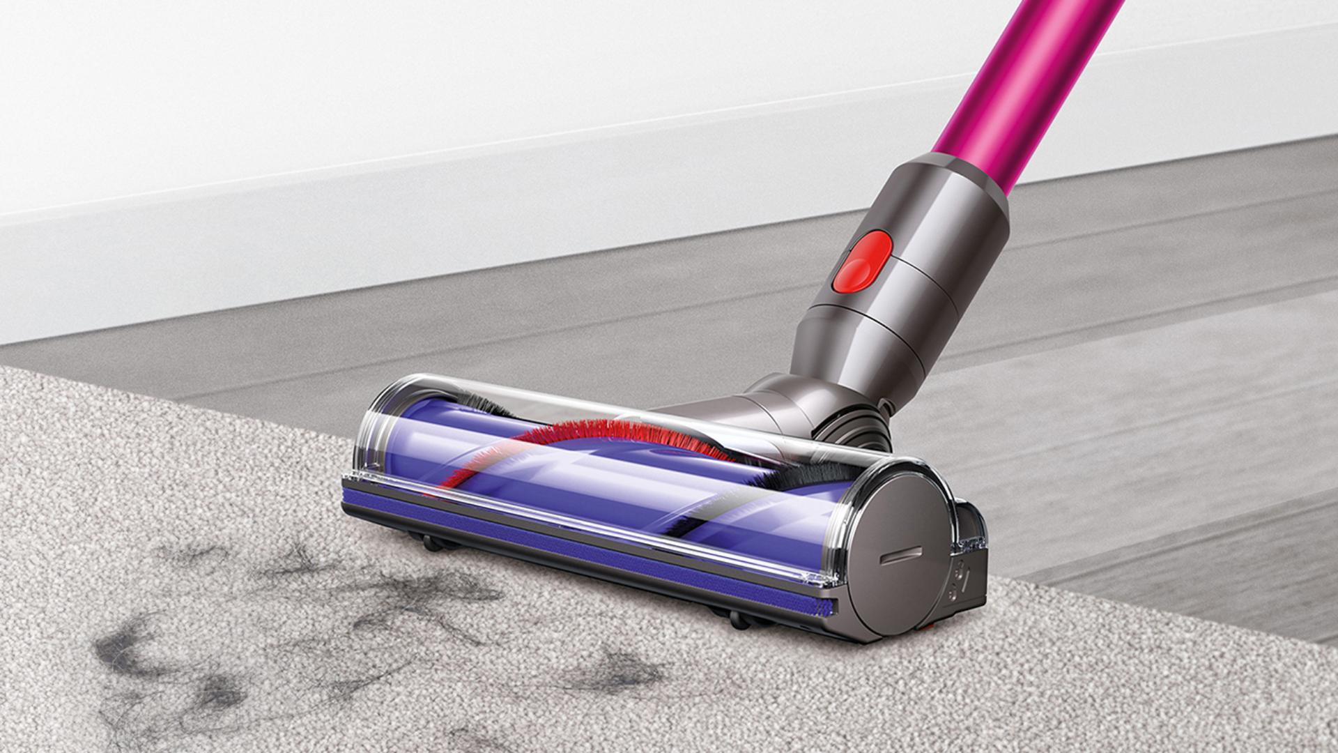 Direct drive cleaner head cleaning across carpet and hard floor.