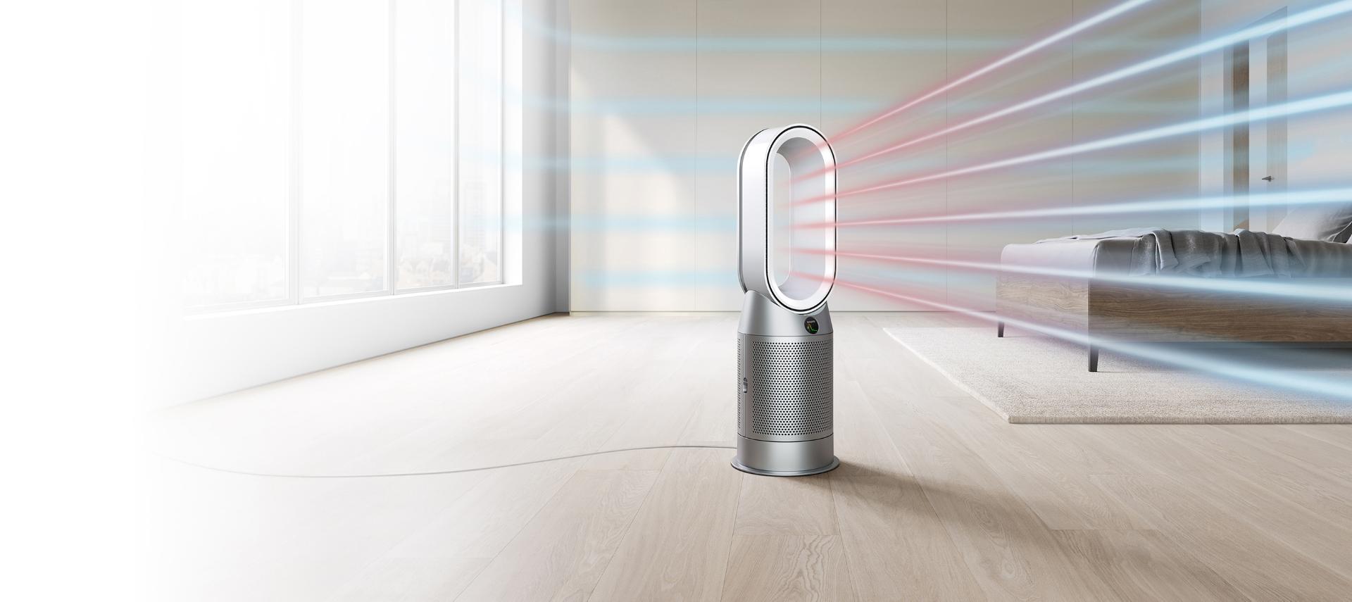 Dyson Purifier projecting heated purified air around a hotel room