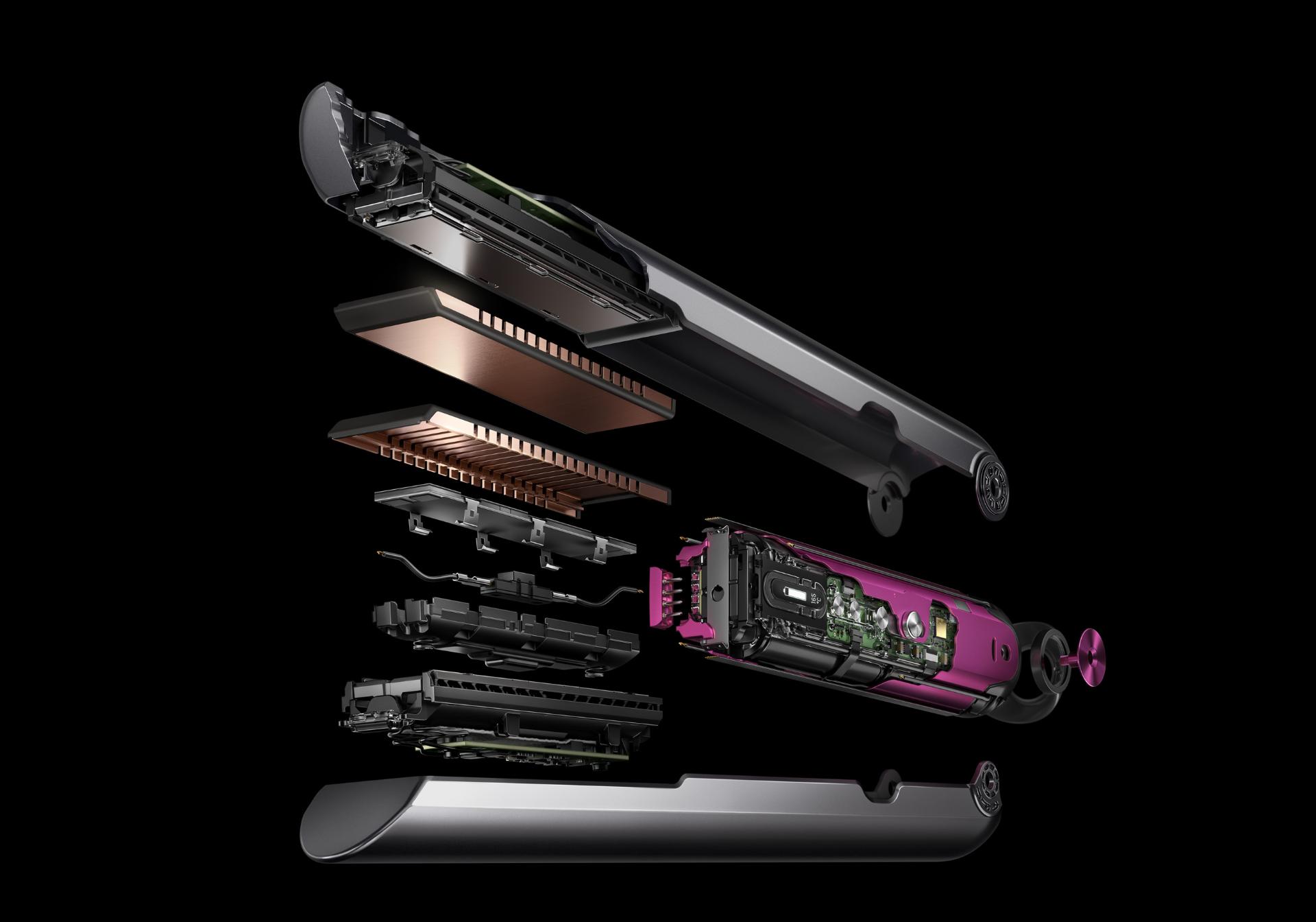 Image of the Dyson Corrale™ straightener opening up with all of its technology inside