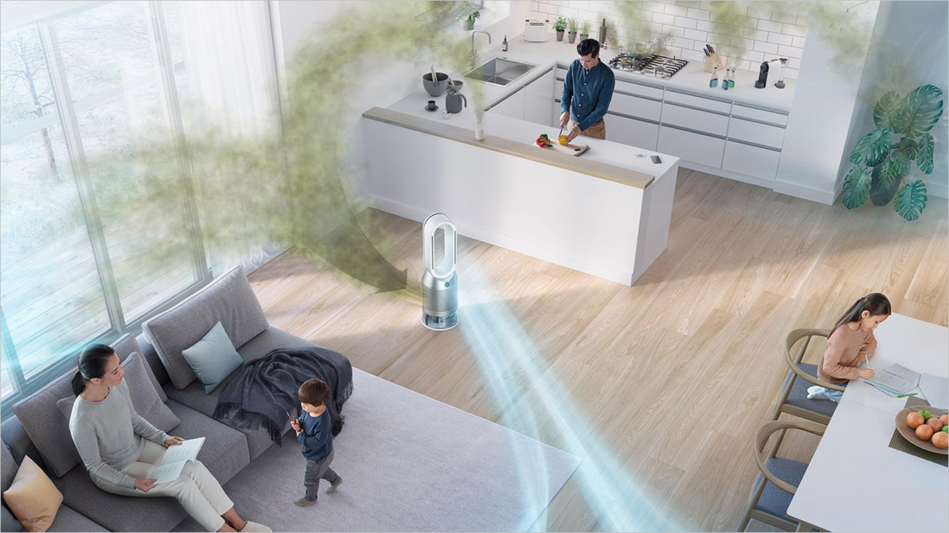 Dyson air purifier removing particles, odours and allergens in a large living space