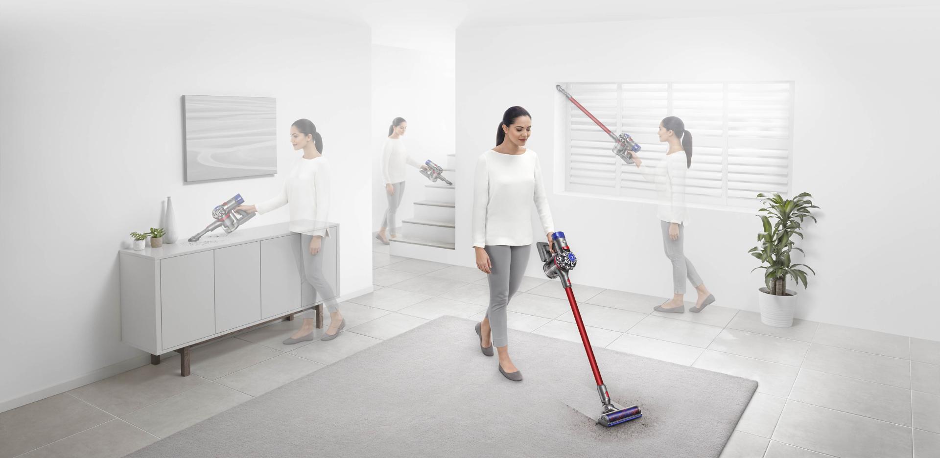 Woman using Dyson V7 vacuum cleaner in three different scenarios around the home